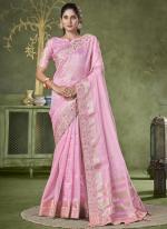 Linen Banarasi Checks Pink Party Wear Border Work Saree